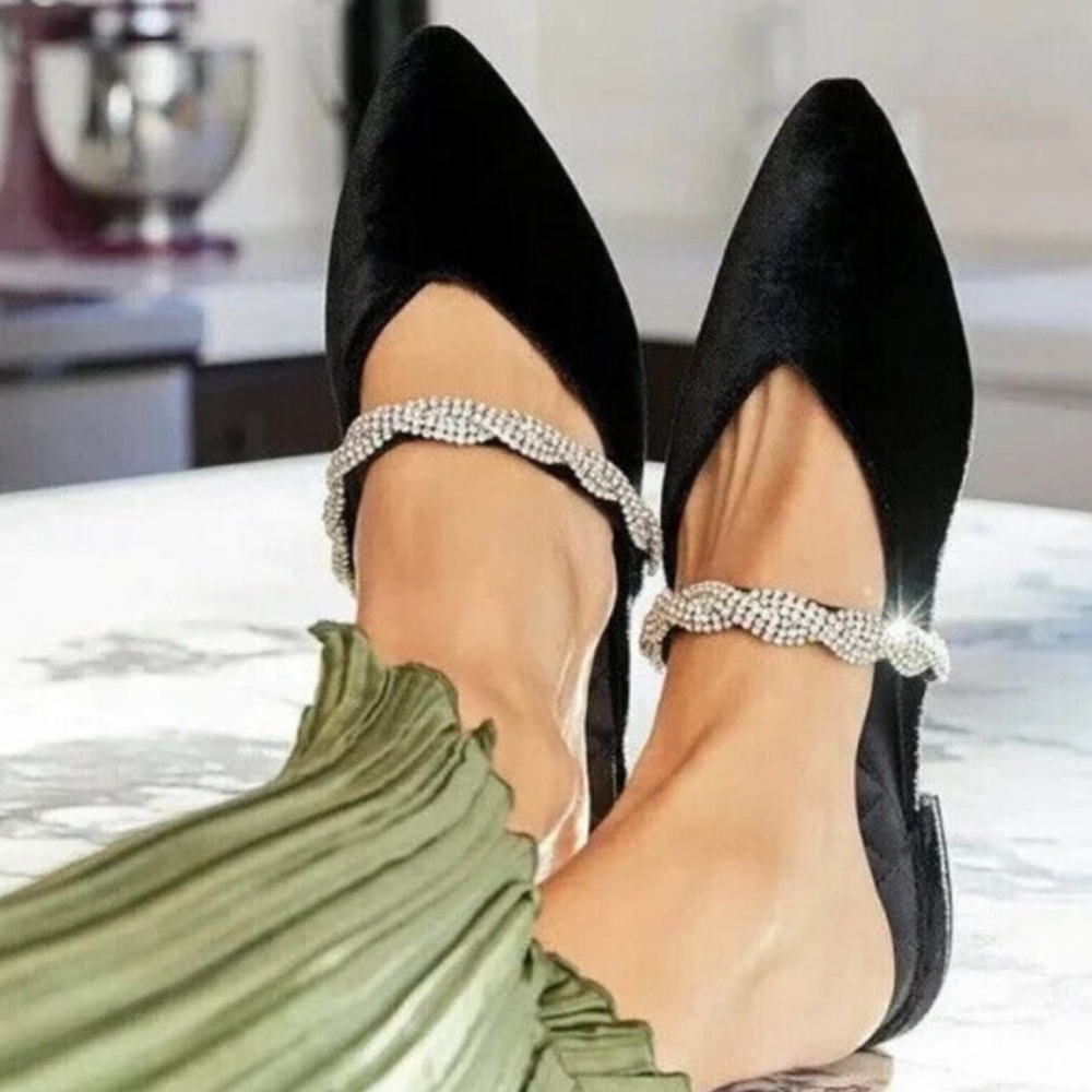 Birdies The Swan Women's velvet mules with Rhinestone Strap
